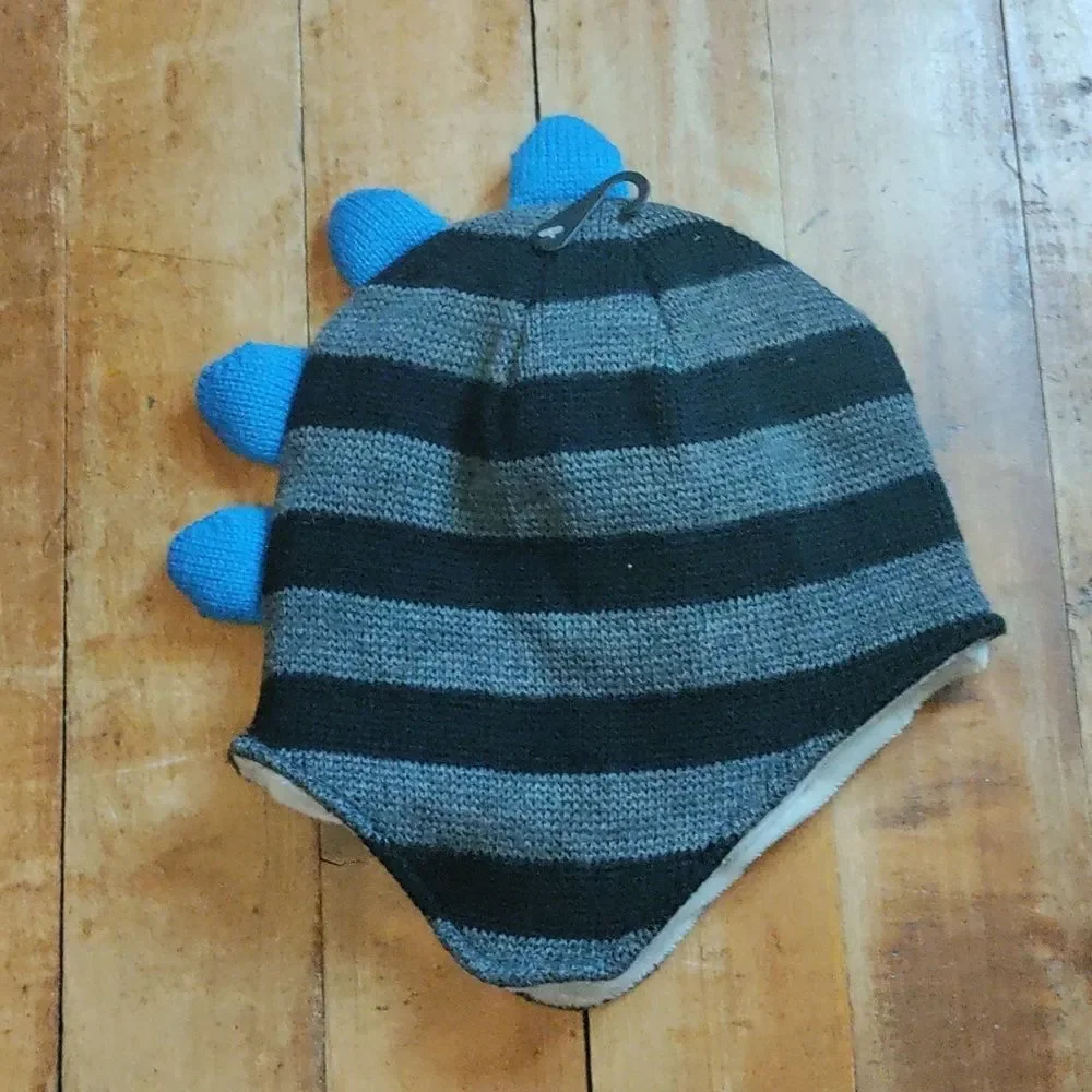 Cozy Cabin Kids Beanie Black Blue Stripe Winter Hat Dinosaur New Youth